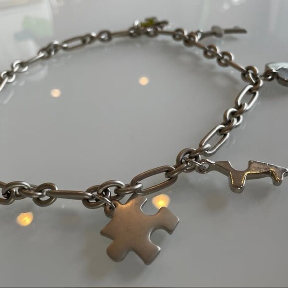 Silver Charm Necklace with Puzzle, Heart, and Airplane Charms - Picture 4 of 6